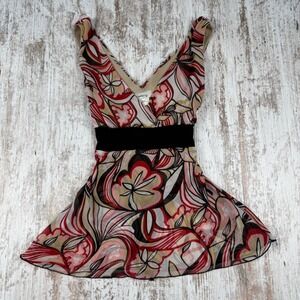 Speechless Red Floral Abstract V-Neck Babydoll Tunic Top Sleeveless Large Y2K